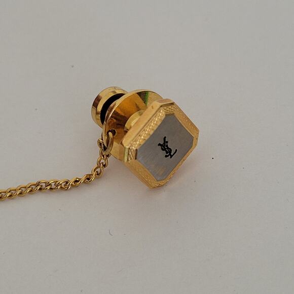 Yves Saint Laurent YSL Tie Necktie Pin Silver Gold Tone Logo Square Vintage - Picture 6 of 6